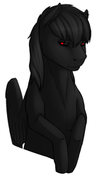 Size: 670x1220 | Tagged: safe, artist:imreer, imported from derpibooru, oc, oc only, oc:ebony, pegasus, pony, black sclera, bust, female, mare, pegasus oc, red pupils, simple background, smiling, solo, white background, wings