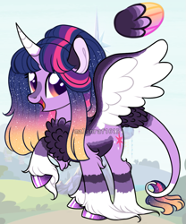 Size: 893x1075 | Tagged: safe, artist:malinraf1615, imported from derpibooru, twilight sparkle, alicorn, pony, alternate hairstyle, chest fluff, curved horn, ethereal mane, female, horn, leg fluff, leonine tail, mare, open mouth, raised hoof, redesign, solo, starry mane, twilight sparkle (alicorn), unshorn fetlocks
