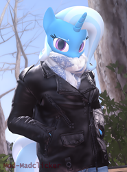 Size: 2160x2923 | Tagged: safe, artist:mod-madclicker, imported from derpibooru, trixie, anthro, human, unicorn, 3d, clothes, female, hand in pocket, high res, horn, jacket, leather jacket, looking at you, scarf, sfm pony, solo, source filmmaker, tail