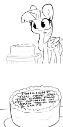 Size: 3000x6000 | Tagged: safe, artist:tjpones, imported from derpibooru, twilight sparkle, alicorn, pony, 2 panel comic, absurd resolution, black and white, cake, comic, female, food, grayscale, mare, message, misspelling, monochrome, simple background, solo, twilight sparkle (alicorn), white background