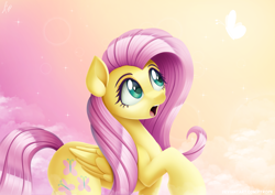 Size: 1732x1225 | Tagged: safe, artist:pyropk, imported from derpibooru, fluttershy, butterfly, pegasus, pony, amazed, cloud, cute, female, folded wings, looking at something, looking up, mare, open mouth, raised hoof, shyabetes, sky background, solo, wings