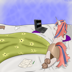 Size: 3000x3000 | Tagged: safe, alternate version, artist:pontiy, imported from derpibooru, oc, oc only, oc:lulu launay, oc:lulu lone, pony, unicorn, bed, clothes, cloven hooves, computer, female, mare, solo, solo female, underhoof