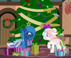 Size: 2500x2028 | Tagged: safe, artist:fcrestnymph, imported from derpibooru, oc, oc only, oc:lorelei snowflake, oc:strawberry milkshake, cow, cow pony, pegasus, pony, christmas, christmas tree, clothes, holiday, present, scrunchy face, socks, striped socks, tree