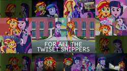 Size: 1968x1107 | Tagged: safe, edit, edited screencap, editor:quoterific, imported from derpibooru, screencap, applejack, fluttershy, pinkie pie, rainbow dash, rarity, sci-twi, spike, spike the regular dog, sunset shimmer, twilight sparkle, dog, equestria girls, equestria girls (movie), rainbow rocks, spring breakdown, collage, female, humane five, humane seven, humane six, lesbian, ponied up, shipping, sunsetsparkle, welcome to the show