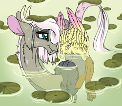 Size: 4104x3540 | Tagged: safe, artist:celestial-rainstorm, imported from derpibooru, oc, oc only, oc:athena, draconequus, hybrid, absurd resolution, female, high res, interspecies offspring, lilypad, offspring, parent:discord, parent:fluttershy, parents:discoshy, smiling, solo