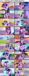Size: 1282x3304 | Tagged: safe, imported from derpibooru, carrot top, golden harvest, lyra heartstrings, night light, twilight sparkle, twilight velvet, alicorn, unicorn, comic:celestia's servant interview, adorkable, book, camera, caption, cs captions, cute, determined, dork, female, frazzled hair, golden oaks library, grin, helmet, interview, looking at you, looking up, magic, male, mare, ponyville, smiling, stallion, twiabetes, twilight sparkle (alicorn), twilight's castle