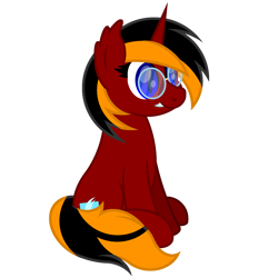 Size: 2200x2200 | Tagged: safe, artist:ponkus, imported from derpibooru, oc, oc only, oc:red flame, bat pony, pony, unicorn, derpibooru community collaboration, 2021 community collab, bat pony oc, bat wings, commission, fangs, glasses, horn, no wing, pointed ears, simple background, sitting, smiling, solo, transparent background, wingless, wings