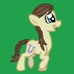 Size: 768x768 | Tagged: safe, artist:nintendoponies, heidi hay, earth pony, pony, braided pigtails, braided tail, cute, cutie mark, female, filly, green background, heidibetes, horseshoes, raised hoof, simple background