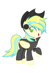 Size: 820x1184 | Tagged: safe, artist:block caidy, imported from derpibooru, oc, oc only, oc:block caidy, alicorn, pony, derpibooru community collaboration, 2021 community collab, alicorn oc, clothes, female, hat, hooves up, horn, looking back, multicolored hair, simple background, solo, transparent background, wings, yellow skin