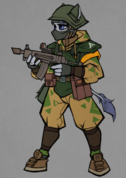 Size: 2480x3508 | Tagged: safe, artist:tass_the_bovine, imported from derpibooru, anthro, earth pony, pony, unguligrade anthro, alternate timeline, alternate universe, dieselpunk, dieselpunk equestria, gun, outfit, shock trooper, solo, weapon, yakponia, yakponian