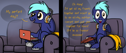 Size: 1280x536 | Tagged: safe, artist:petirep, imported from ponybooru, oc, oc only, oc:hoof beatz, earth pony, pony, bronycon, bronycon 2013, ask bronycon ponies 2013, bronycon mascots, couch, dialogue, earth pony oc, headphones, male, solo, speech bubble, stallion, unshorn fetlocks