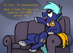 Size: 900x659 | Tagged: safe, artist:petirep, imported from ponybooru, oc, oc only, oc:hoof beatz, earth pony, pegasus, pony, bronycon, bronycon 2013, ask bronycon ponies 2013, bronycon mascots, couch, dialogue, earth pony oc, headphones, male, solo, speech bubble, stallion, unshorn fetlocks