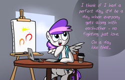 Size: 1280x822 | Tagged: safe, artist:petirep, imported from ponybooru, oc, oc only, oc:blank canvas, pegasus, pony, bronycon, bronycon 2013, ask bronycon ponies 2013, bronycon mascots, dialogue, pegasus oc, solo, speech bubble, wings