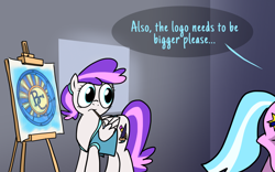 Size: 1280x799 | Tagged: safe, artist:petirep, imported from ponybooru, oc, oc only, oc:blank canvas, oc:mane event, pegasus, pony, unicorn, bronycon, bronycon 2013, ask bronycon ponies 2013, bronycon mascots, dialogue, female, gradient background, horn, mare, paintbrush, painting, pegasus oc, speech bubble, unicorn oc, wings