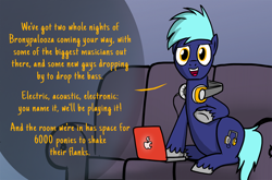 Size: 1000x658 | Tagged: safe, artist:petirep, imported from ponybooru, oc, oc only, oc:hoof beatz, earth pony, pony, bronycon, bronycon 2013, ask bronycon ponies 2013, bronycon mascots, couch, dialogue, earth pony oc, gradient background, headphones, looking at you, male, solo, speech bubble, stallion, unshorn fetlocks