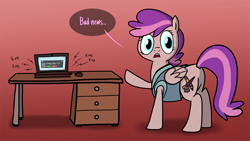 Size: 800x450 | Tagged: safe, artist:petirep, imported from ponybooru, oc, oc only, oc:blank canvas, pegasus, pony, bronycon, bronycon 2013, ask bronycon ponies 2013, bronycon mascots, computer, desk, dialogue, female, gradient background, laptop computer, mare, onomatopoeia, open mouth, pegasus oc, raised hoof, solo, speech bubble, wings