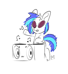 Size: 1200x1300 | Tagged: safe, artist:sugarelement, imported from derpibooru, dj pon-3, vinyl scratch, pony, unicorn, 30 minute art challenge, :3, bipedal, female, mare, music notes, simple background, solo, speakers, sunglasses, trotcon, trotcon online, turntable, white background