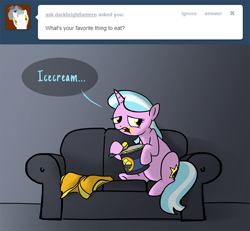 Size: 900x833 | Tagged: safe, artist:petirep, imported from ponybooru, oc, oc only, oc:mane event, pony, unicorn, bronycon, bronycon 2013, ..., ask bronycon ponies 2013, bronycon mascots, couch, dialogue, eating, female, food, gradient background, horn, ice cream, mare, solo, speech bubble, spoon, tumblr, unicorn oc