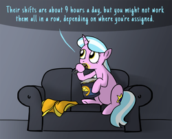 Size: 900x728 | Tagged: safe, artist:petirep, imported from ponybooru, oc, oc only, oc:mane event, pony, unicorn, bronycon, bronycon 2013, ask bronycon ponies 2013, bronycon mascots, couch, dialogue, eating, female, food, gradient background, horn, ice cream, mare, solo, speech bubble, spoon, unicorn oc
