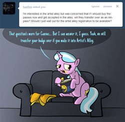 Size: 900x881 | Tagged: safe, artist:petirep, imported from ponybooru, oc, oc only, oc:mane event, pony, unicorn, bronycon, bronycon 2013, ask bronycon ponies 2013, bronycon mascots, couch, dialogue, eating, female, food, gradient background, horn, ice cream, mare, solo, speech bubble, spoon, tumblr, unicorn oc