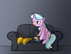 Size: 900x675 | Tagged: safe, artist:petirep, imported from ponybooru, oc, oc only, oc:mane event, pony, unicorn, bronycon, bronycon 2013, ask bronycon ponies 2013, bronycon mascots, couch, dialogue, eating, female, food, gradient background, horn, ice cream, mare, solo, spoon, unicorn oc