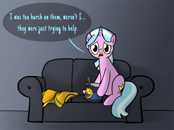 Size: 900x675 | Tagged: safe, artist:petirep, imported from ponybooru, oc, oc only, oc:mane event, pony, unicorn, bronycon, bronycon 2013, ask bronycon ponies 2013, bronycon mascots, couch, dialogue, eating, female, food, gradient background, horn, ice cream, looking at you, mare, solo, speech bubble, spoon, unicorn oc