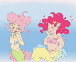 Size: 2200x1800 | Tagged: dead source, safe, artist:andressuperhell, artist:smol_andriusha, imported from derpibooru, fluttershy, pinkie pie, anthro, human, mermaid, belly button, blushing, bra, breasts, cleavage, clothes, duo, eyes closed, female, grin, heart, humanized, mermaidized, midriff, plump, seashell bra, shell, smiling, solo, species swap, underwear