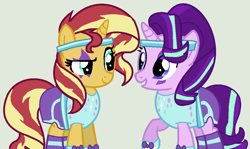 Size: 1105x658 | Tagged: safe, artist:jadeharmony, artist:jadethepegasus, artist:princess-kitsune-tsu, artist:venomous-cookietwt, imported from derpibooru, starlight glimmer, sunset shimmer, pony, unicorn, base used, clothes, duo, face paint, female, grin, headband, mare, raised hoof, roller skates, shorts, smiling, socks, striped socks, tanktop