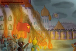 Size: 1280x853 | Tagged: artist needed, safe, imported from derpibooru, oc, earth pony, pony, unicorn, communism, defense, fire, flag, guard, history lessons in the comments, insurrection, male, mutiny, parody, protest, rebellion, revolution, riot, royal guard, soviet union, stallion, stalliongrad, street, sun, war