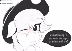 Size: 4232x3000 | Tagged: safe, artist:drawalaverr, imported from derpibooru, applejack, earth pony, pony, applejack's hat, black and white, blushing, bust, commission, cowboy hat, cute, eye clipping through hair, fanart, female, grayscale, hat, hooves together, jackabetes, looking at you, manga, mare, monochrome, one eye closed, portrait, quadrupedal, simple background, sketch, smiling, solo, text, white background, wink, winking at you