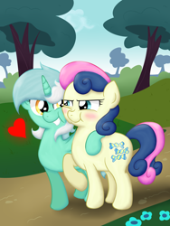 Size: 3024x4032 | Tagged: safe, artist:background basset, imported from derpibooru, bon bon, lyra heartstrings, sweetie drops, earth pony, pony, unicorn, :t, adorabon, arm around neck, blushing, cute, duo, duo female, female, grin, heart, hoof around neck, lesbian, lyrabetes, lyrabon, mare, puffy cheeks, shipping, smiling