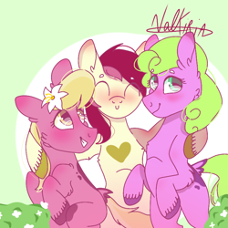 Size: 768x768 | Tagged: safe, artist:valkiria, imported from derpibooru, daisy, flower wishes, lily, lily valley, roseluck, earth pony, pony, semi-anthro, bipedal, chest fluff, cute, female, females only, floppy ears, flower, flower trio, heart, looking at you, mare, missing cutie mark, sitting, trio, trio female