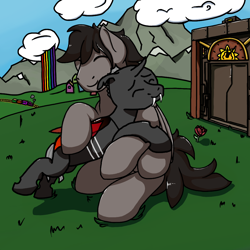 Size: 1024x1024 | Tagged: safe, artist:luther, artist:shifttgc, imported from derpibooru, oc, oc only, oc:luther, oc:shift changeling, changeling, pegasus, aggie.io, changeling oc, cloud, collaboration, colt, fangs, flower, foal, grass, hair, horn, house, houses, hug, male, mane, mountain, pegasus oc, rainbow, red changeling, tail, time machine, train, train tracks, wings