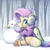 Size: 4000x4000 | Tagged: safe, artist:ohemo, imported from derpibooru, fluttershy, pegasus, pony, clothes, cottagecore, cute, earmuffs, female, forest, looking at you, mare, open mouth, shyabetes, sitting, smiling, snow, snowman, snowpony, socks, solo, sweater, winter