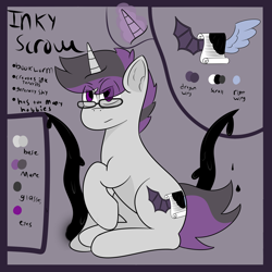 Size: 2500x2500 | Tagged: safe, artist:inky scroll, imported from derpibooru, oc, oc:inky scroll, pony, unicorn, glasses, ink, male, reference sheet, simple background, stallion, tendrils