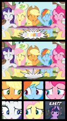 Size: 1280x2300 | Tagged: safe, artist:bigsnusnu, imported from derpibooru, applejack, fluttershy, pinkie pie, rainbow dash, rarity, twilight sparkle, comic:dusk shine in pursuit of happiness, dusk shine, dusk shine gets all the mares, fear, harem, mane six, realization, rule 63, silence, table