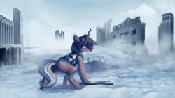 Size: 4000x2251 | Tagged: safe, artist:hagalazka, imported from derpibooru, oc, oc only, oc:red flux, changeling, clothes, looking at you, male, red changeling, ruined city, ruins, solo, stallion