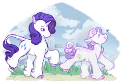 Size: 900x600 | Tagged: safe, artist:iouise, imported from derpibooru, rarity, sweetie belle, butterfly, classical unicorn, pony, unicorn, alternate cutie mark, cloven hooves, duo, female, filly, leonine tail, mare, siblings, simple background, sisters, transparent background, unshorn fetlocks