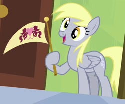 Size: 1305x1080 | Tagged: safe, imported from derpibooru, screencap, derpy hooves, pegasus, pony, rainbow falls, cropped, cute, female, flag, food, happy, holding a flag, mare, muffin, open mouth, solo