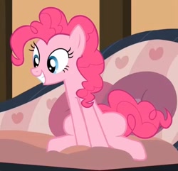 Size: 941x909 | Tagged: safe, imported from derpibooru, screencap, pinkie pie, earth pony, pony, pinkie apple pie, couch, cropped, excited, female, sitting, smiling, solo