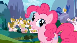 Size: 1920x1080 | Tagged: safe, imported from derpibooru, screencap, pinkie pie, earth pony, pony, friendship is magic, season 1, breaking the fourth wall, cute, female, happy, ponyville, smiling, smiling at you, solo, solo female