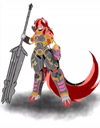 Size: 2066x2638 | Tagged: safe, artist:kurogetsuouji, imported from derpibooru, oc, oc only, oc:beast, oc:oath breaker, anthro, anthro oc, armor, mace, male, power armor, powered exoskeleton, scar, simple background, weapon, white background