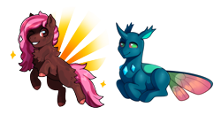 Size: 1138x590 | Tagged: safe, artist:lastnight-light, imported from derpibooru, oc, oc:chocolate heart, oc:spotlight spectacle, changedling, changeling, earth pony, pony, female, filly, lying down, prone, simple background, transparent background