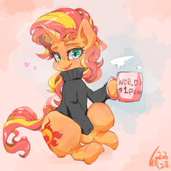 Size: 700x700 | Tagged: safe, artist:sozglitch, imported from derpibooru, sunset shimmer, pony, unicorn, abstract background, best pony, clothes, coffee mug, female, hoof hold, looking at you, mare, mug, smiling, solo, sweater, turtleneck