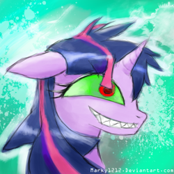 Size: 1000x1000 | Tagged: safe, artist:marky1212, artist:mrdragondeathclaw, imported from derpibooru, twilight sparkle, pony, unicorn, colored sclera, corrupted, corrupted twilight sparkle, crazy face, dark magic, dark twilight, dark twilight sparkle, darklight, darklight sparkle, evil grin, faic, green background, green sclera, grin, horn, magic, possessed, possession, possesslight, possesslight sparkle, psycho twilight, psychotic twilight sparkle, sharp teeth, simple background, smiling, solo, sombra eyes, teeth, twilight snapple, unicorn twilight