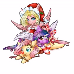 Size: 4096x4096 | Tagged: safe, artist:miokomata, artist:tawnysweet, artist:tawnysweetarts, imported from derpibooru, fluttershy, oc, oc:dazzling talents, oc:mio, alicorn, earth pony, pony, alicorn oc, animal costume, candy, candy cane, christmas, clothes, collaboration, costume, dress, drink, drinking straw, female, food, freckles, hat, holiday, hoof hold, horn, mare, pony pile, red nose, reindeer costume, santa hat, socks, soda, soda can, striped socks, wings