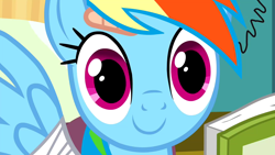 Size: 1280x720 | Tagged: safe, imported from derpibooru, screencap, rainbow dash, pegasus, pony, read it and weep, bandage, bed, book, c:, cute, dashabetes, female, looking at you, mare, smiling, solo