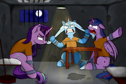 Size: 1080x720 | Tagged: safe, artist:rapid9, imported from derpibooru, starlight glimmer, trixie, twilight sparkle, alicorn, pony, unicorn, angry, clothes, jail, prison, prison outfit, prisoner, prisoner sg, prisoner ts, prisoner tx, sitting, table, trio, twilight sparkle (alicorn)