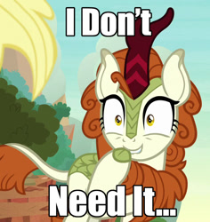 Size: 680x720 | Tagged: safe, edit, edited screencap, imported from derpibooru, screencap, applejack, autumn blaze, kirin, sounds of silence, caption, cropped, faic, grin, hoof over mouth, i don't need it, image macro, lip bite, mane, out of context, shrunken pupils, smiling, spongebob squarepants, tea at the treedome, text