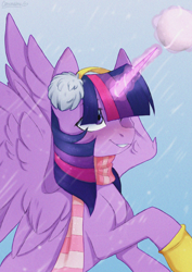 Size: 2894x4093 | Tagged: safe, artist:chickenbrony, artist:cottonaime, imported from derpibooru, twilight sparkle, alicorn, pony, blushing, boots, clothes, earmuffs, magic, scarf, shoes, snow, solo, twilight sparkle (alicorn), winter outfit